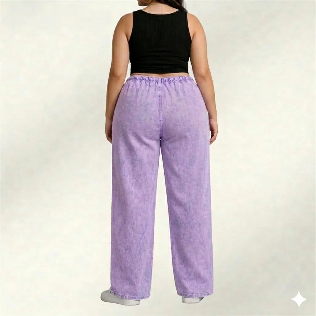 Lavender Denim Palazzo Jeans with Front Thigh Pockets – Relaxed Wide Leg Fit