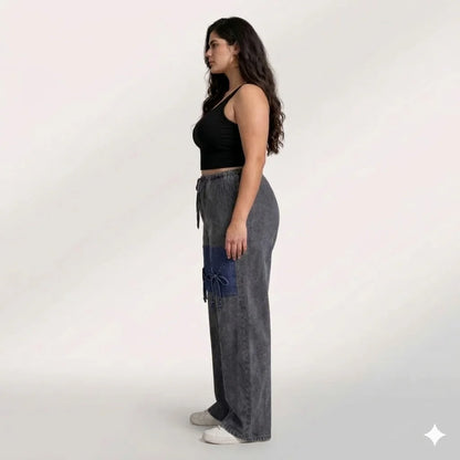 Denim Palazzo Jeans with Front Thigh Pockets – Relaxed Wide Leg Fit