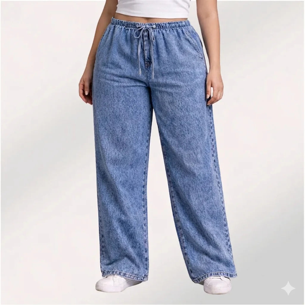 Denim Wide-Leg Jeans & Navy Blue Elephant Print Cotton Harem Pants Combo (Pack of 2)
