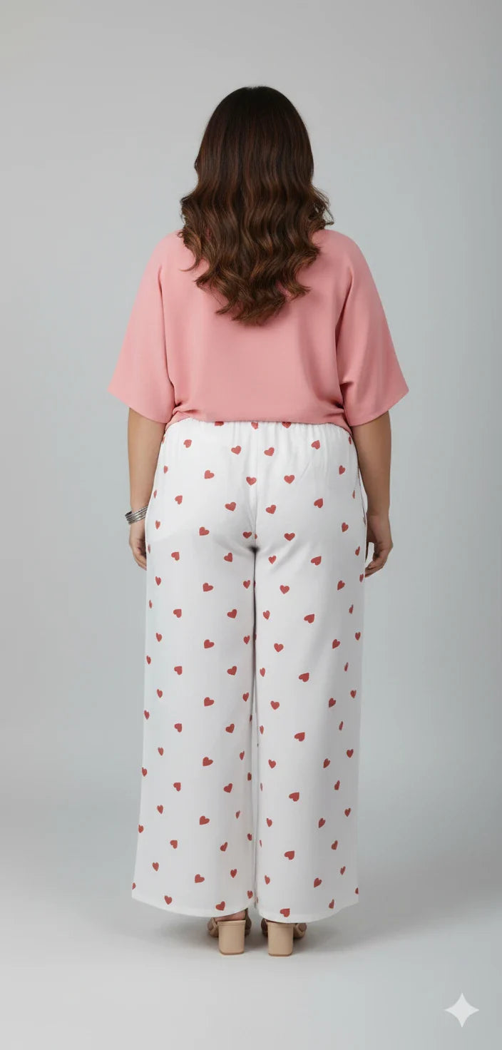 Women’s Rayon Printed Palazzo Pants – White Heart Design Wide Leg