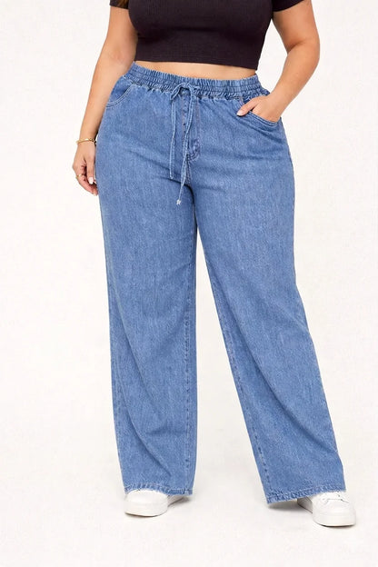 Denim Wide-Leg Jeans & White Elephant Print Cotton Harem Pants Combo (Pack of 2)