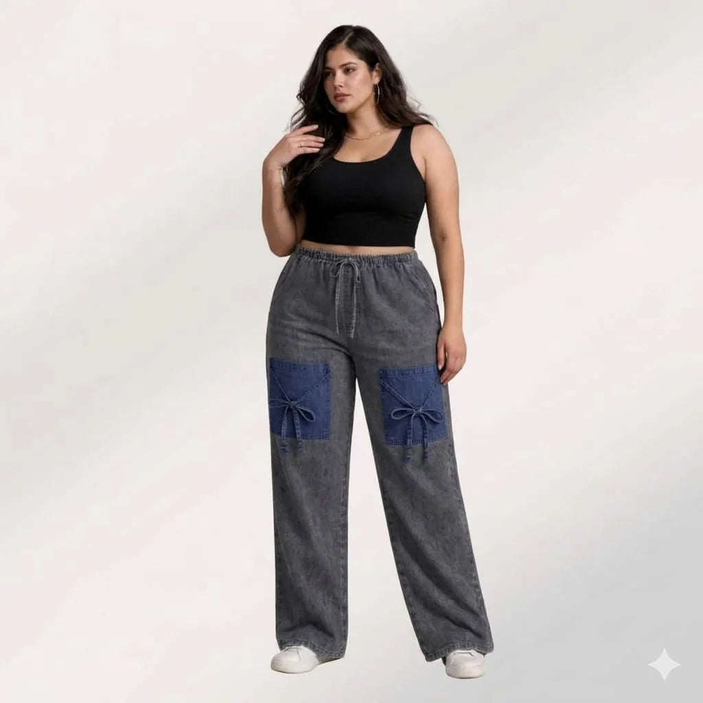 Denim Palazzo Jeans with Front Thigh Pockets – Relaxed Wide Leg Fit