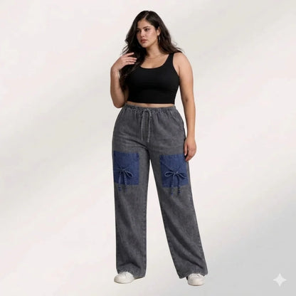 Denim Palazzo Jeans with Front Thigh Pockets – Relaxed Wide Leg Fit