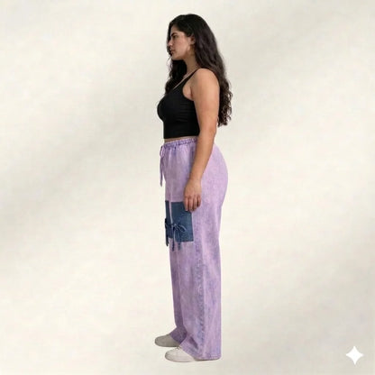 Lavender Denim Palazzo Jeans with Front Thigh Pockets – Relaxed Wide Leg Fit