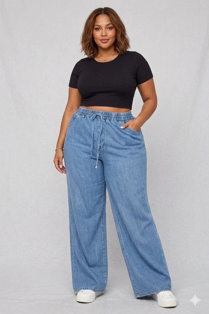Denim Wide-Leg Jeans & White Elephant Print Cotton Harem Pants Combo (Pack of 2)