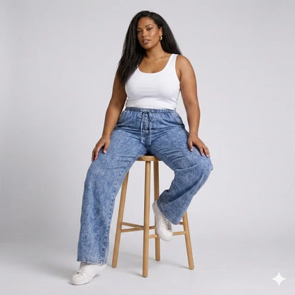 Denim Wide-Leg Jeans & Navy Blue Elephant Print Cotton Harem Pants Combo (Pack of 2)