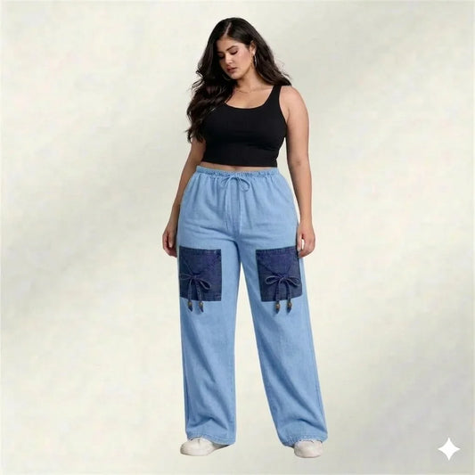 Light Blue Denim Palazzo Jeans with Front Thigh Pockets – Relaxed Wide Leg Fit
