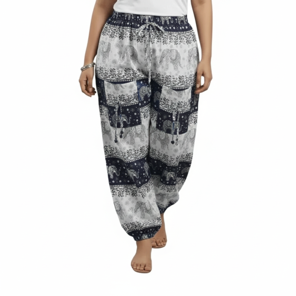Denim Wide-Leg Jeans & Navy Blue Elephant Print Cotton Harem Pants Combo (Pack of 2)