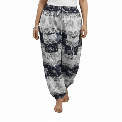 Denim Wide-Leg Jeans & Navy Blue Elephant Print Cotton Harem Pants Combo (Pack of 2)