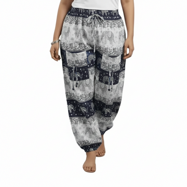 Navy Blue & White Cotton Harem Pants with Elephant Print & Front Thigh Pockets – Relaxed Fit