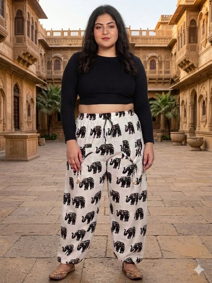 Denim Wide-Leg Jeans & White Elephant Print Cotton Harem Pants Combo (Pack of 2)
