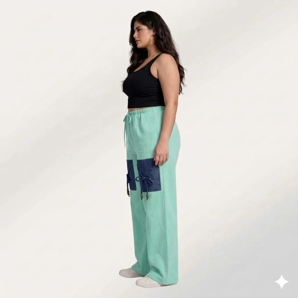 Mint Green Denim Palazzo Jeans with Front Thigh Pockets – Relaxed Fit