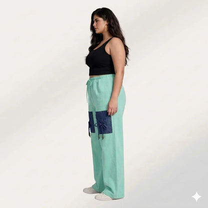 Mint Green Denim Palazzo Jeans with Front Thigh Pockets – Relaxed Fit