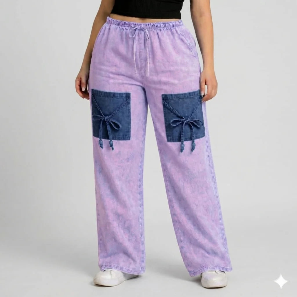 Lavender Denim Palazzo Jeans with Front Thigh Pockets – Relaxed Wide Leg Fit