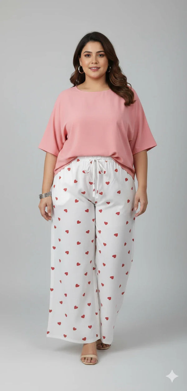 Women’s Rayon Printed Palazzo Pants – White Heart Design Wide Leg