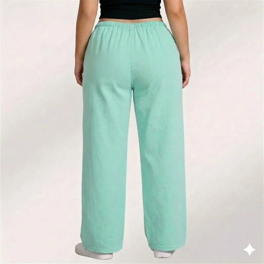 Mint Green Denim Palazzo Jeans with Front Thigh Pockets – Relaxed Fit