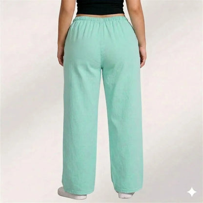 Mint Green Denim Palazzo Jeans with Front Thigh Pockets – Relaxed Fit