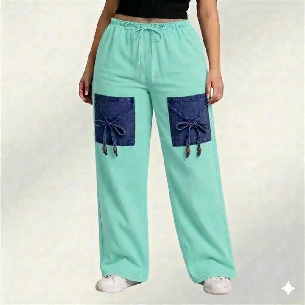Mint Green Denim Palazzo Jeans with Front Thigh Pockets – Relaxed Fit