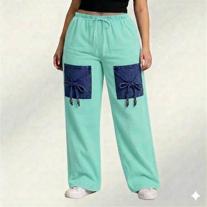 Mint Green Denim Palazzo Jeans with Front Thigh Pockets – Relaxed Fit