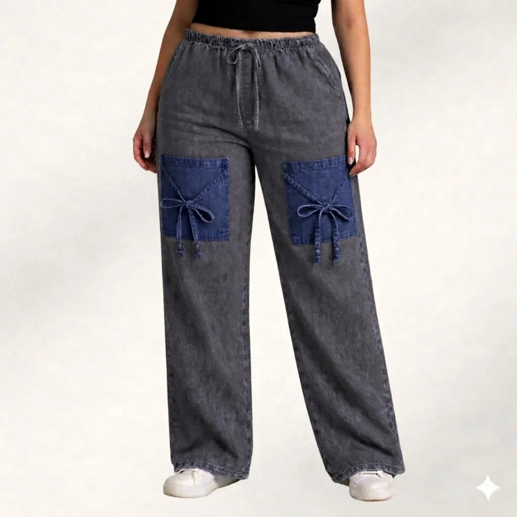 Denim Palazzo Jeans with Front Thigh Pockets – Relaxed Wide Leg Fit