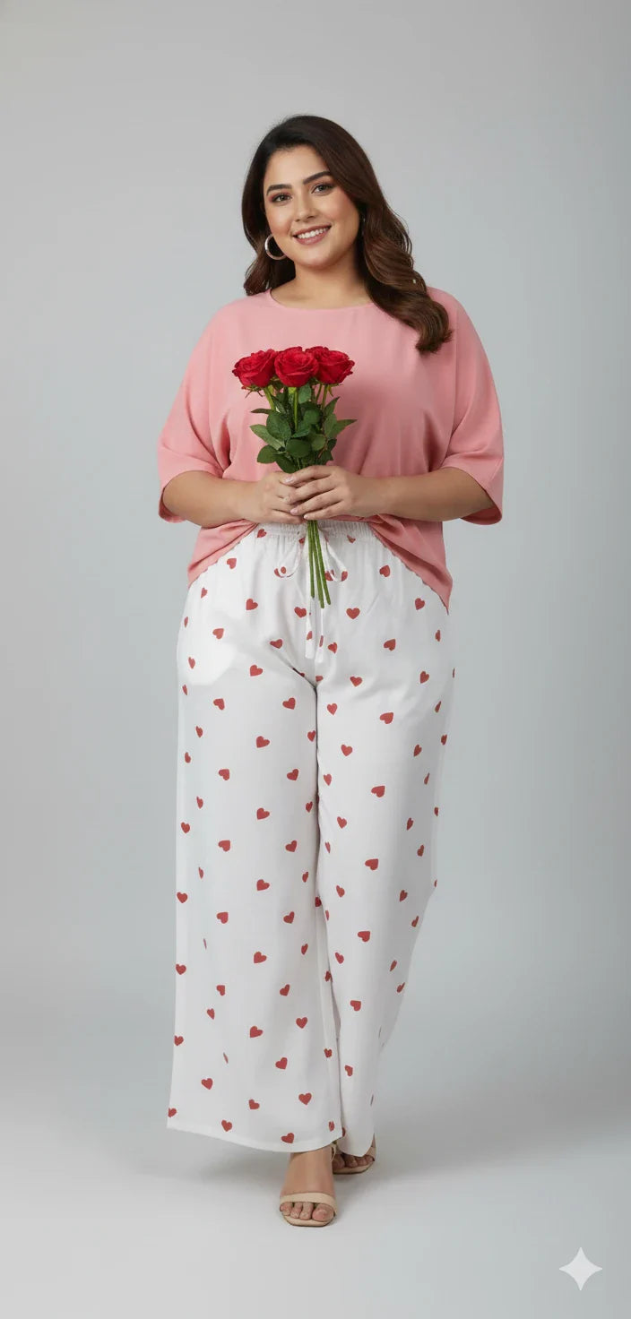 Women’s Rayon Printed Palazzo Pants – White Heart Design Wide Leg