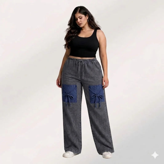 Denim Palazzo Jeans with Front Thigh Pockets – Relaxed Wide Leg Fit