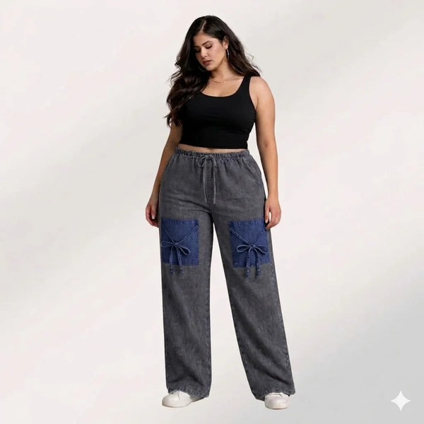 Denim Palazzo Jeans with Front Thigh Pockets – Relaxed Wide Leg Fit