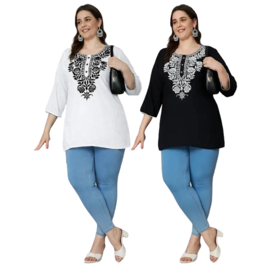 100 Zoo Women's Cotton Kurti with Intricate Embroidery Pack of Two