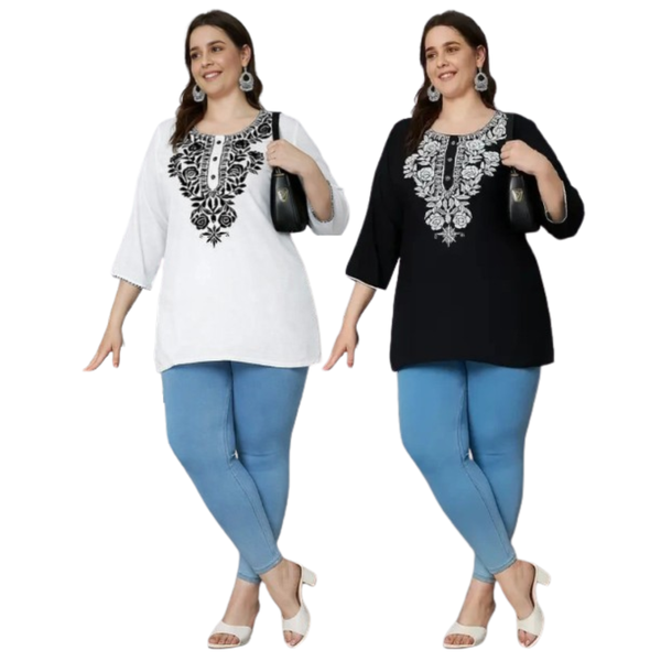 100 Zoo Women's Cotton Kurti with Intricate Embroidery Pack of Two