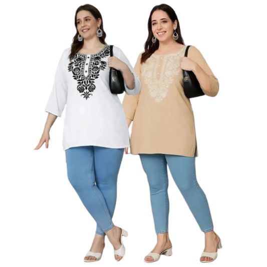 100 Zoo Women's Cotton Kurti with Intricate Embroidery Pack of Two