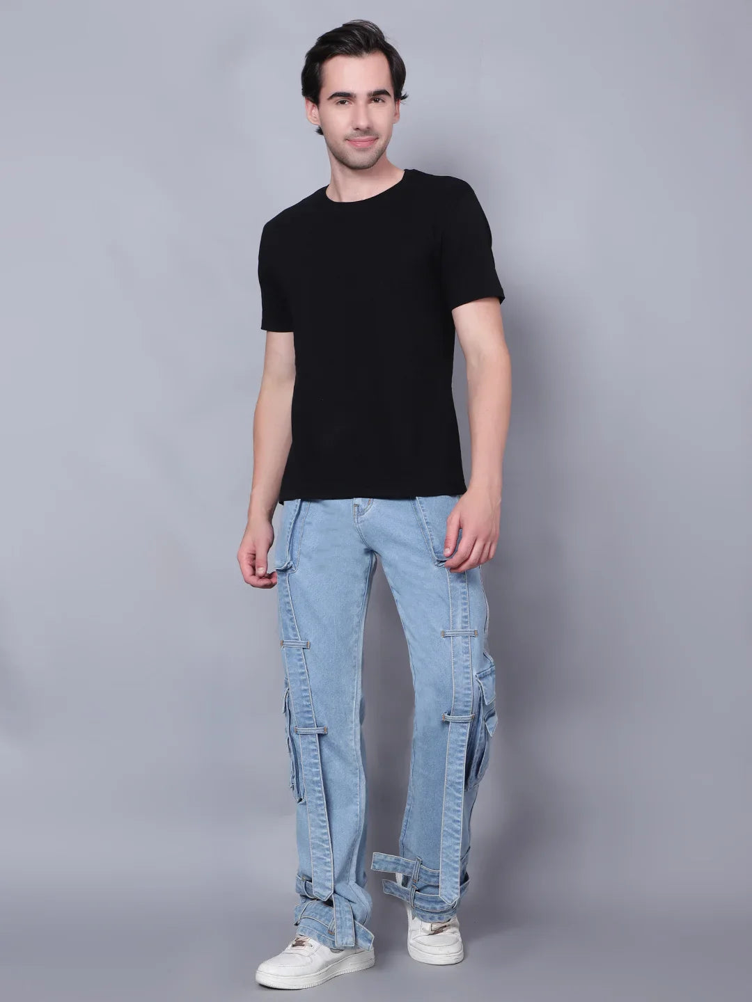 Kagad Mens Loose Fit Wide Leg Aged Indigo Cargo Jeans - Style Code "KGDCRG-403065