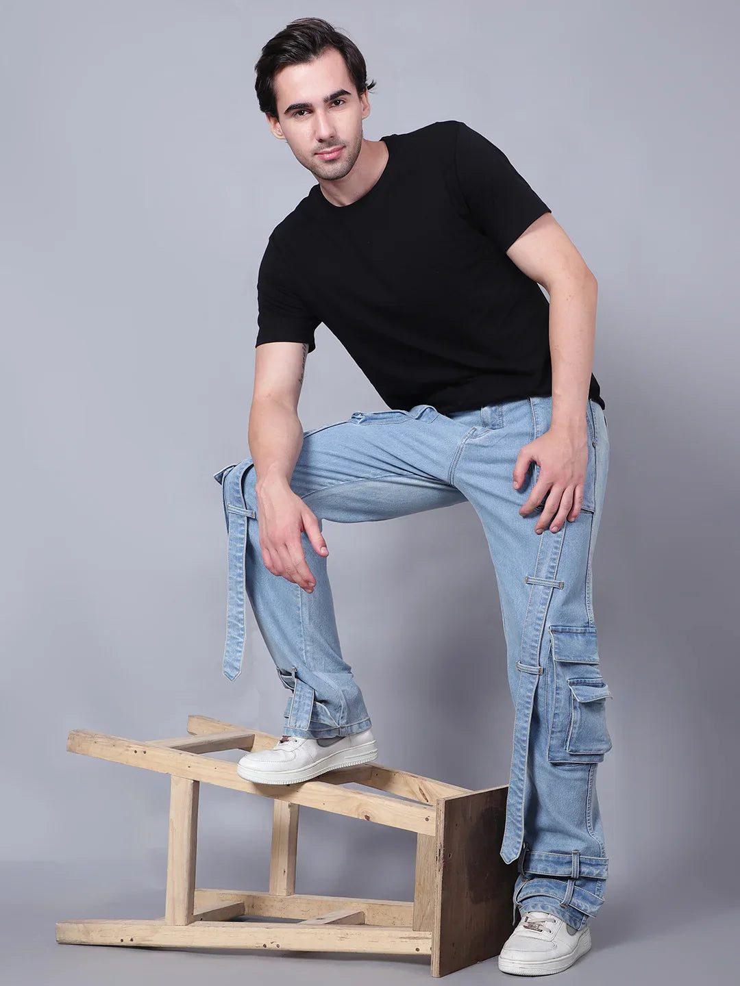 Kagad Mens Loose Fit Wide Leg Aged Indigo Cargo Jeans - Style Code "KGDCRG-403065