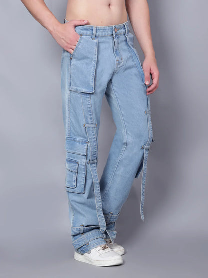 Kagad Mens Loose Fit Wide Leg Aged Indigo Cargo Jeans - Style Code "KGDCRG-403065