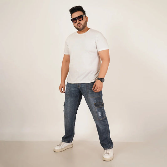 Kagad Mens Plus Size Straight Fit Sea Blue Tint  Color Denim Cargo Jeans - Style Code "KGDCR-406048