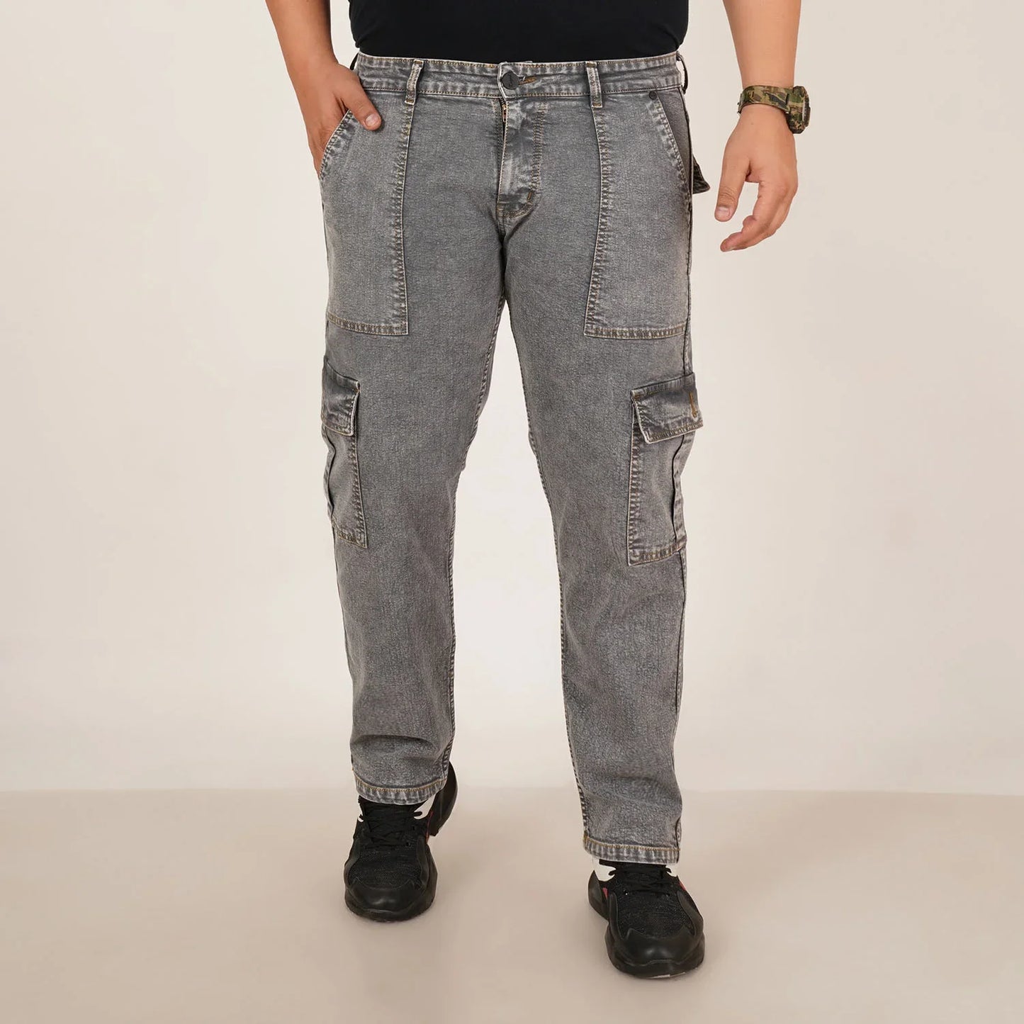 Kagad Mens Plus Size Straight Fit Grey Color Denim Cargo Jeans - Style Code "KGDCR-406049
