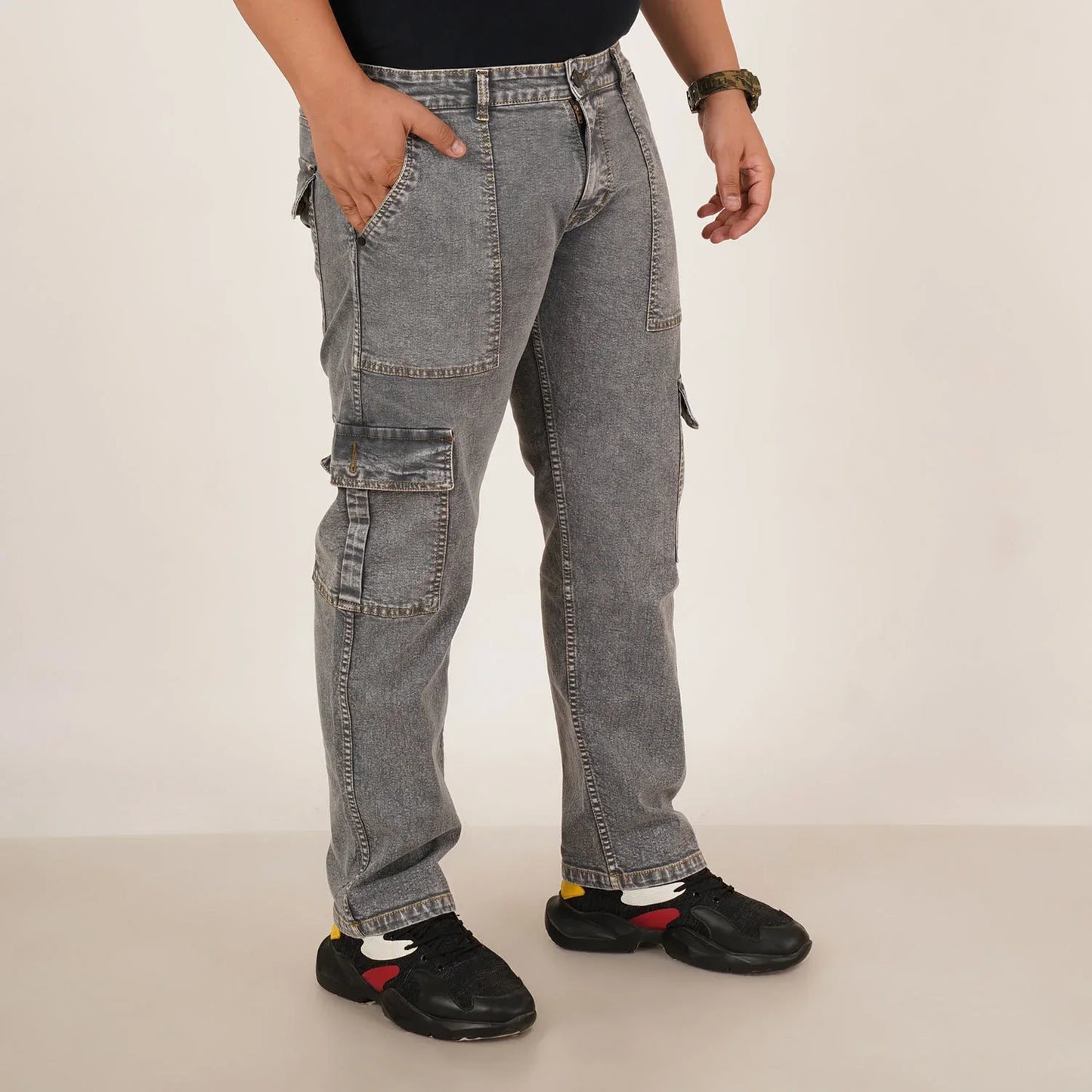 Kagad Mens Plus Size Straight Fit Grey Color Denim Cargo Jeans - Style Code "KGDCR-406049