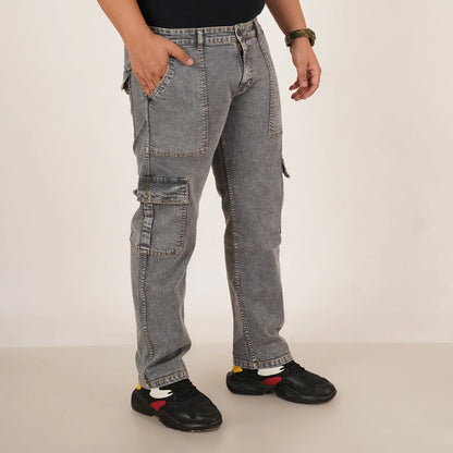 Kagad Mens Plus Size Straight Fit Grey Color Denim Cargo Jeans - Style Code "KGDCR-406049