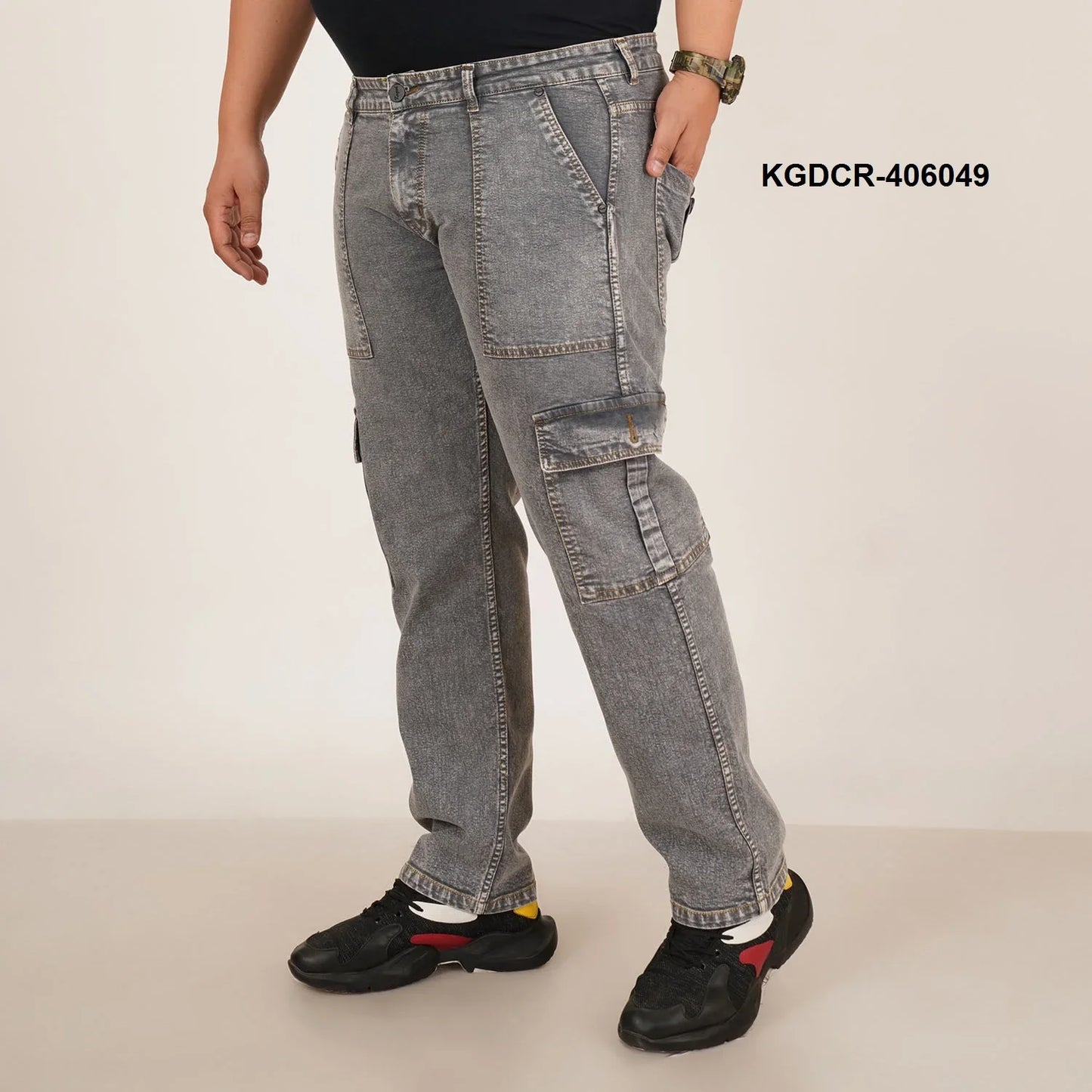 Kagad Mens Plus Size Straight Fit Grey Color Denim Cargo Jeans - Style Code "KGDCR-406049