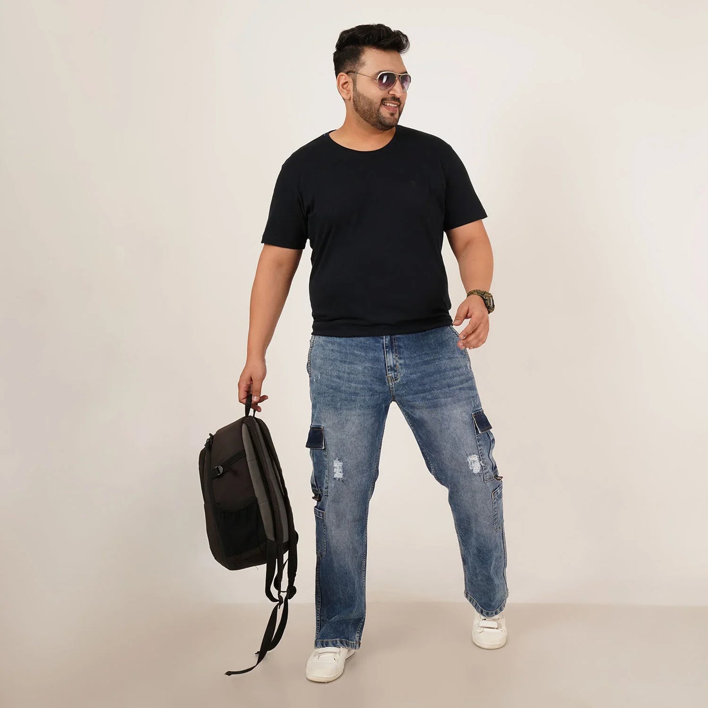 Kagad Mens Plus Size Straight Fit Mid Blue Color Denim Cargo Jeans - Style Code "KGDCR-406051