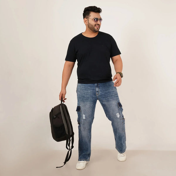 Kagad Mens Plus Size Straight Fit Mid Blue Color Denim Cargo Jeans - Style Code "KGDCR-406051