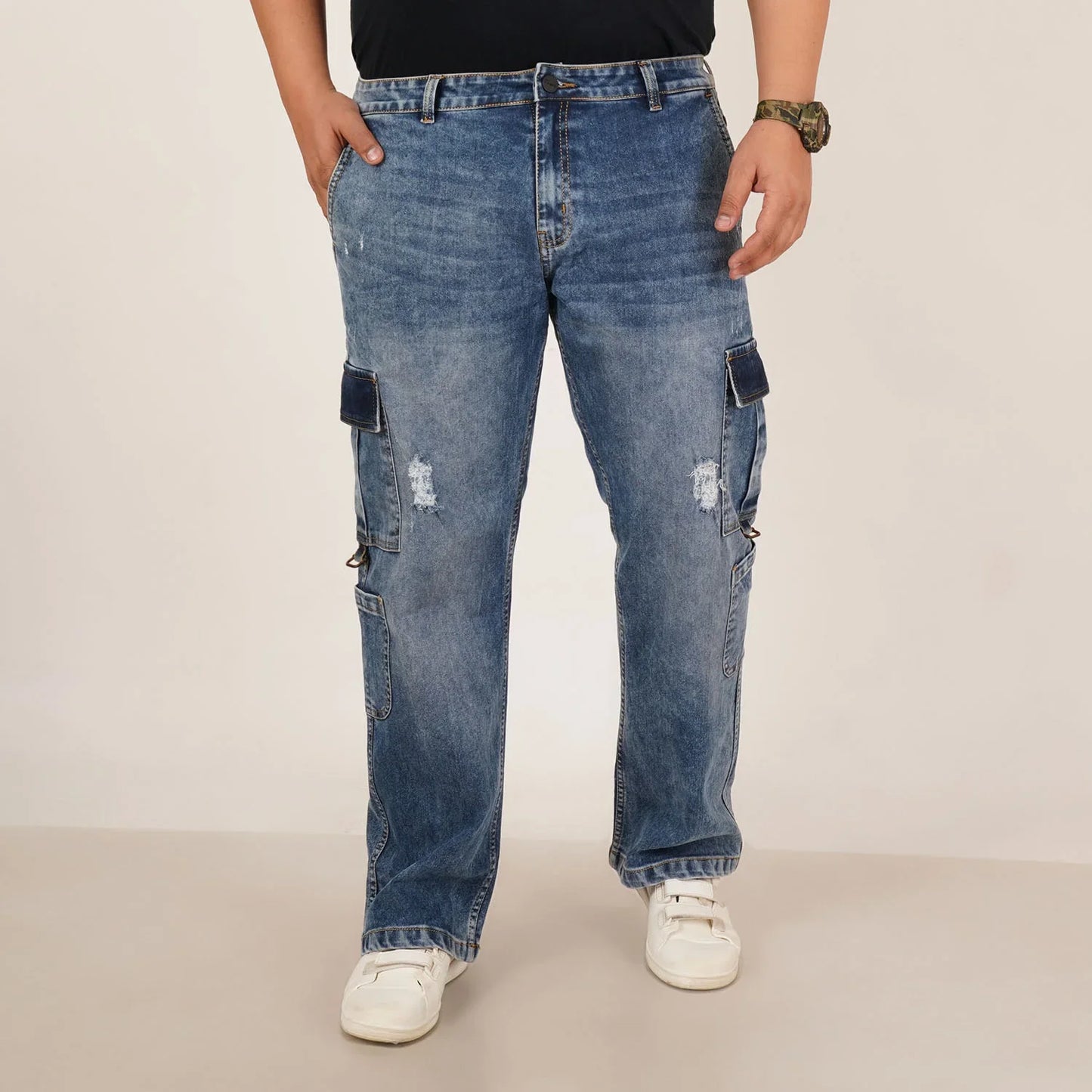 Kagad Mens Plus Size Straight Fit Mid Blue Color Denim Cargo Jeans - Style Code "KGDCR-406051