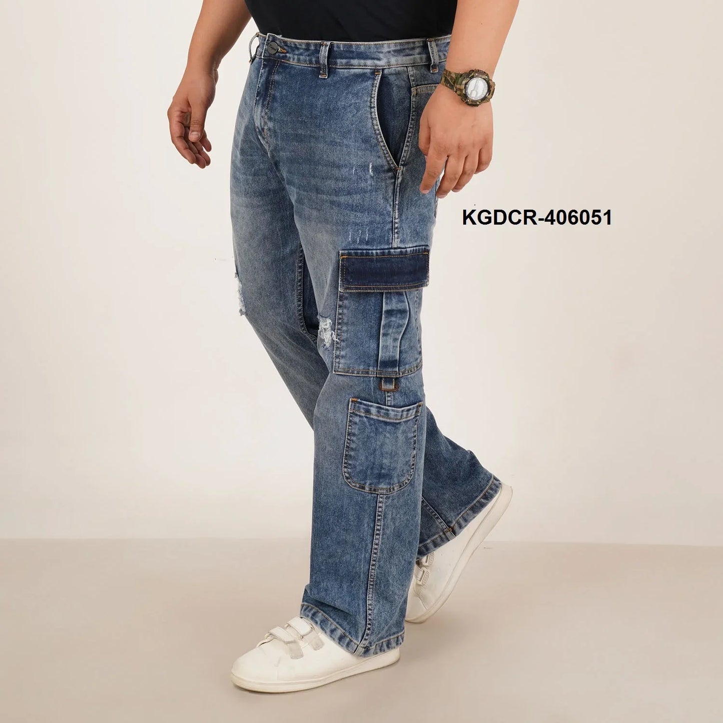 Kagad Mens Plus Size Straight Fit Mid Blue Color Denim Cargo Jeans - Style Code "KGDCR-406051