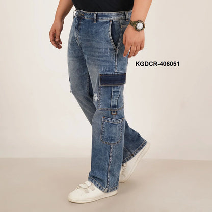 Kagad Mens Plus Size Straight Fit Mid Blue Color Denim Cargo Jeans - Style Code "KGDCR-406051