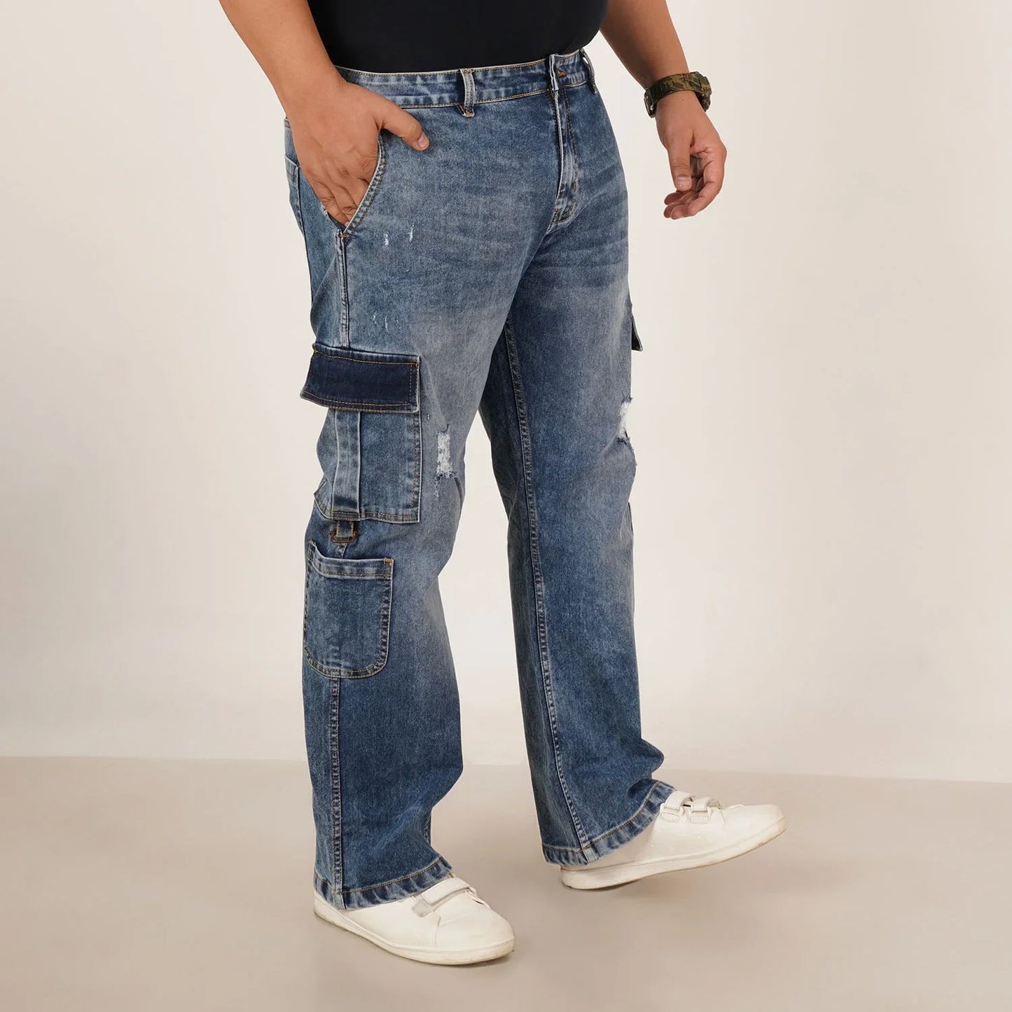 Kagad Mens Plus Size Straight Fit Mid Blue Color Denim Cargo Jeans - Style Code "KGDCR-406051