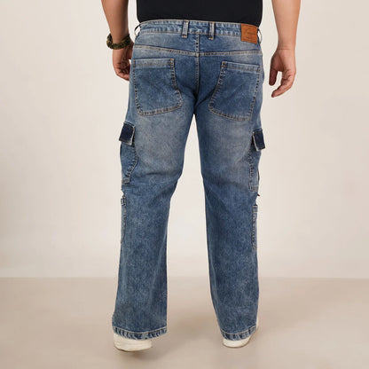 Kagad Mens Plus Size Straight Fit Mid Blue Color Denim Cargo Jeans - Style Code "KGDCR-406051