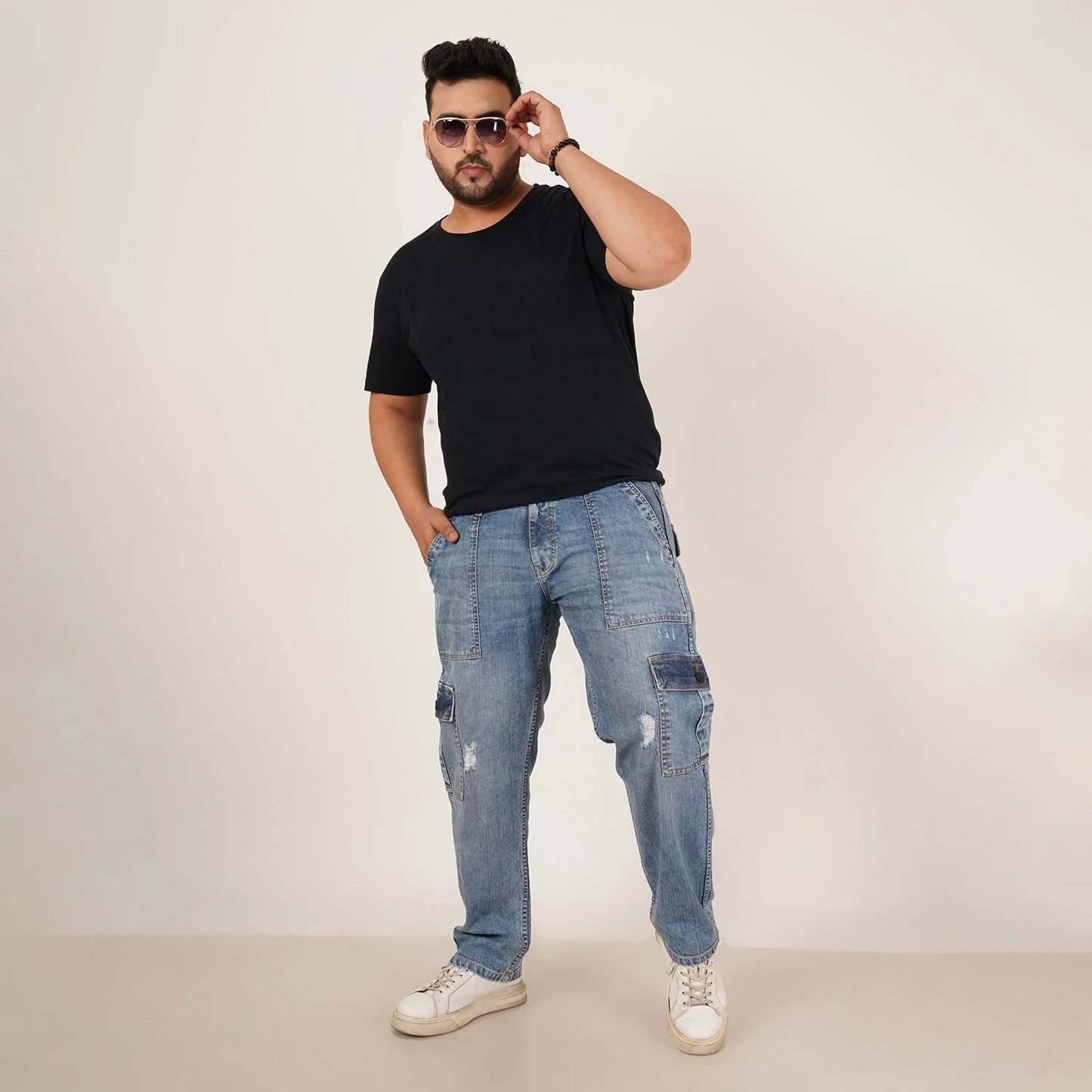 Kagad Mens Plus Size Straight Fit Light Blue Color Denim Cargo Jeans - Style Code "KGDCR-406050