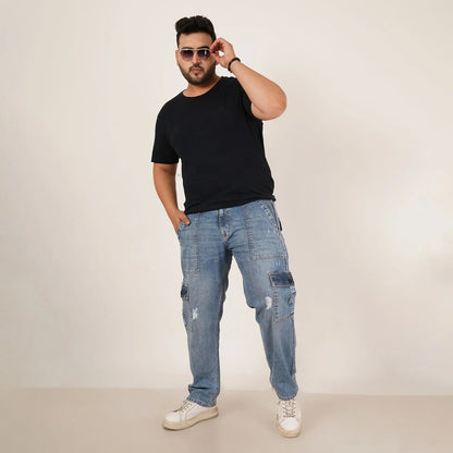 Kagad Mens Plus Size Straight Fit Light Blue Color Denim Cargo Jeans - Style Code "KGDCR-406050