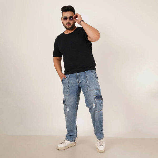 Kagad Mens Plus Size Straight Fit Light Blue Color Denim Cargo Jeans - Style Code "KGDCR-406050