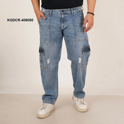 Kagad Mens Plus Size Straight Fit Light Blue Color Denim Cargo Jeans - Style Code "KGDCR-406050