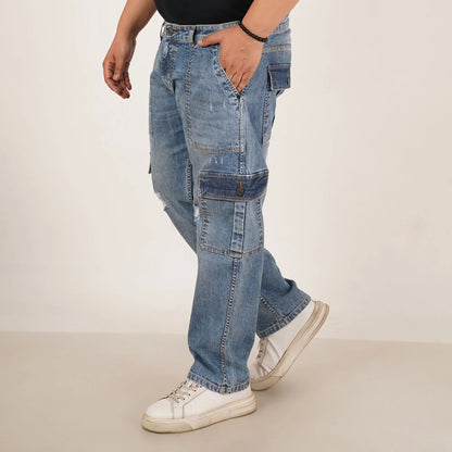 Kagad Mens Plus Size Straight Fit Light Blue Color Denim Cargo Jeans - Style Code "KGDCR-406050